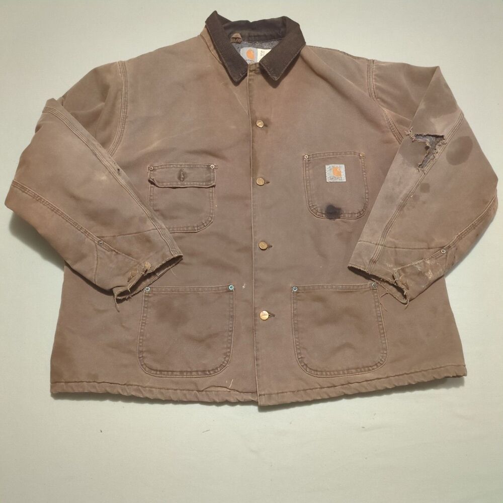 Vintage Distressed 90s Carhartt CB1082 Blanket Lined Canvas Chore Coat 2XL USA